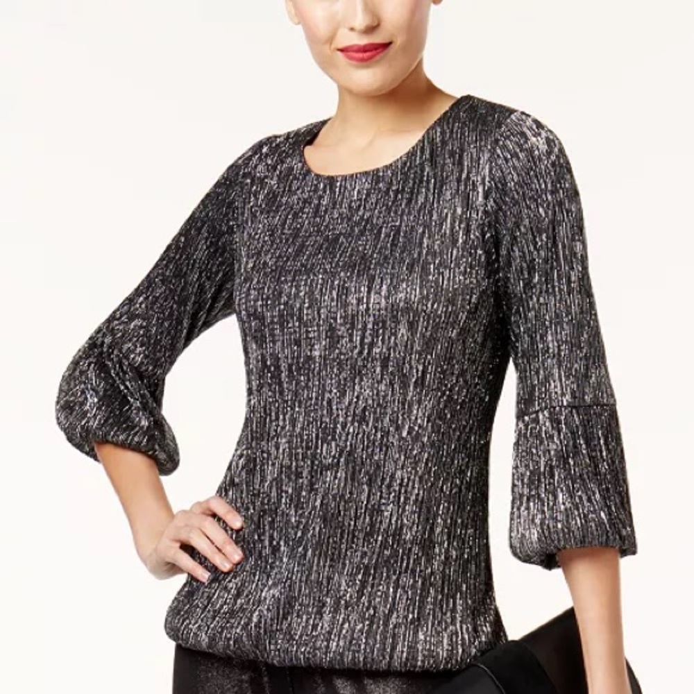 Alfani Petite Silver Metallic Threading 3/4 Sleeves Women’s Size XL Black Top